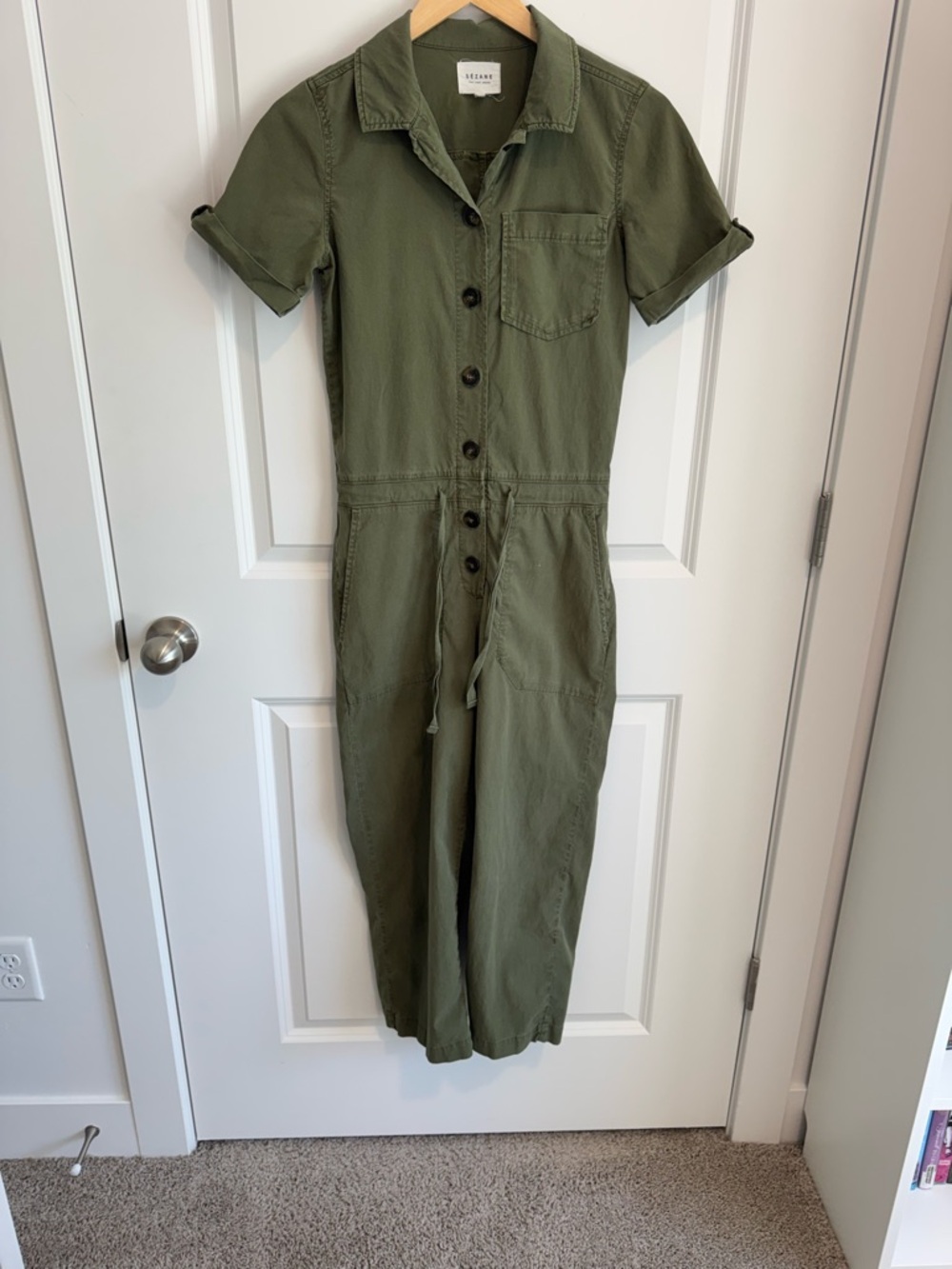 Sezane Olive Utility One-Piece Romper